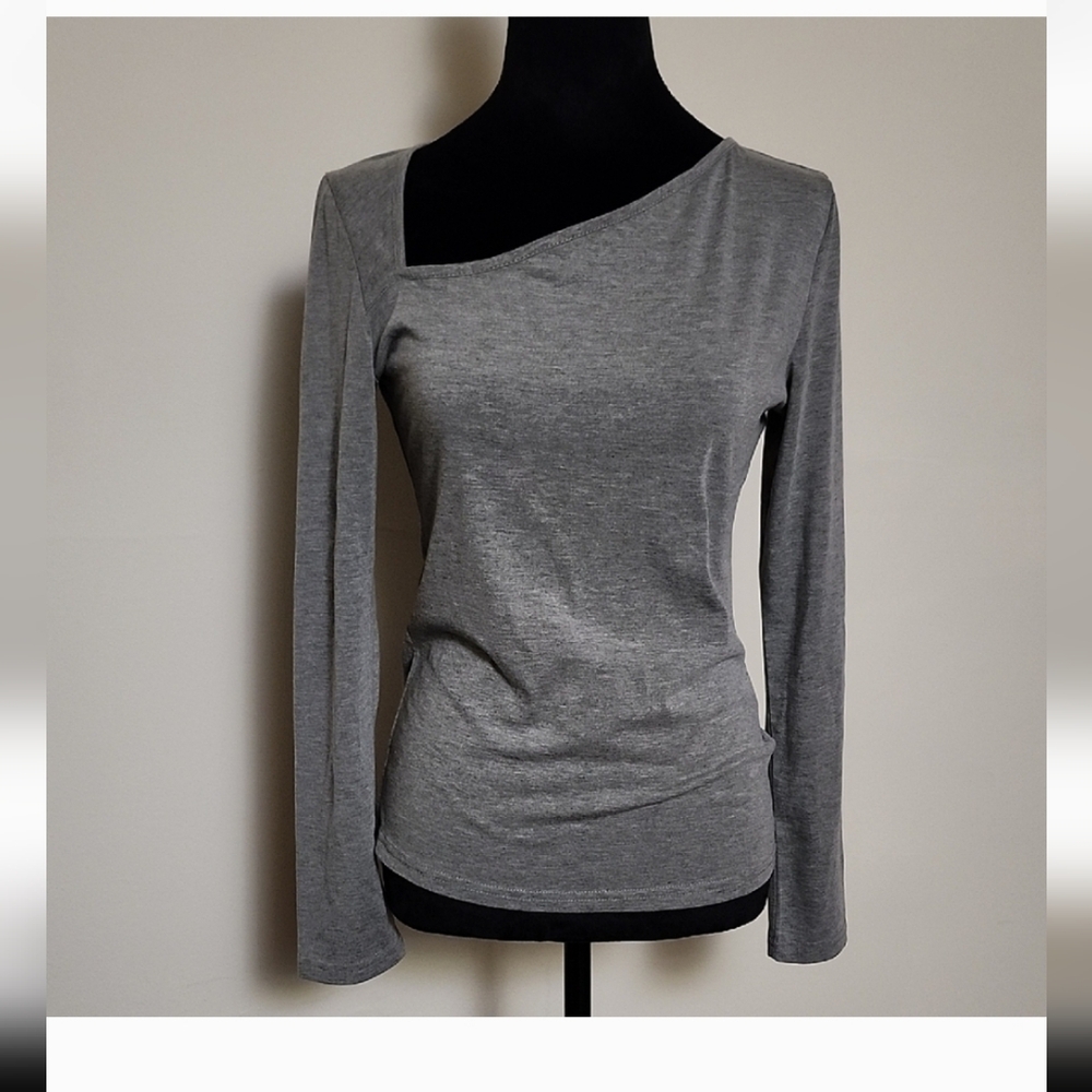 Gray Asymmetrical Neck Long Sleeve Top Tee Shirt, Going Out Top Medium
